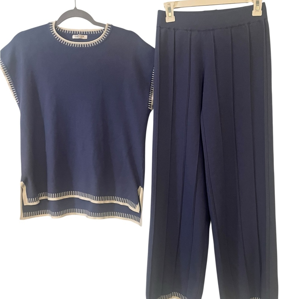 Ekouaer Navy Blue Knit Two Piece Lounge Set Top and Pants Size Small